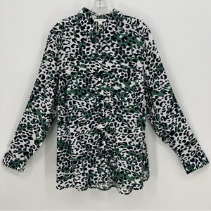 BeachLunchLounge Top Womens Plus Size Green Leopard Print Button Roll Tab Sleeve